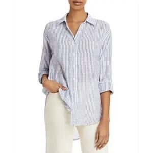 Jones & CO Plus 2X Linen Tunic Top Button Front Striped Blue Beachy Resort Airy